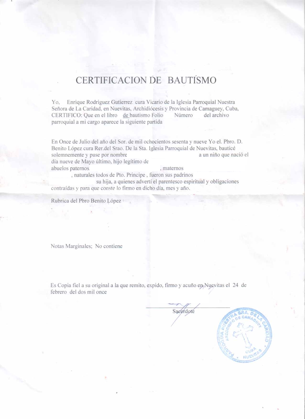 baptismal certificate from Cuba