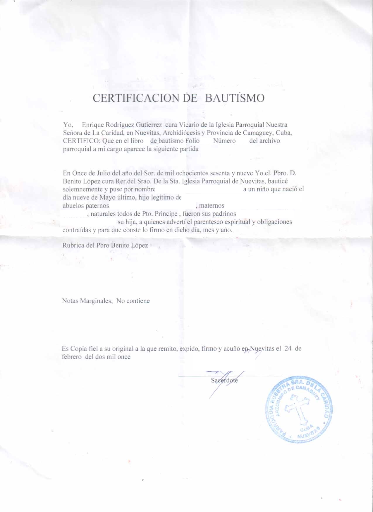 baptismal certificate from Cuba baptismal certificate from Cuba
