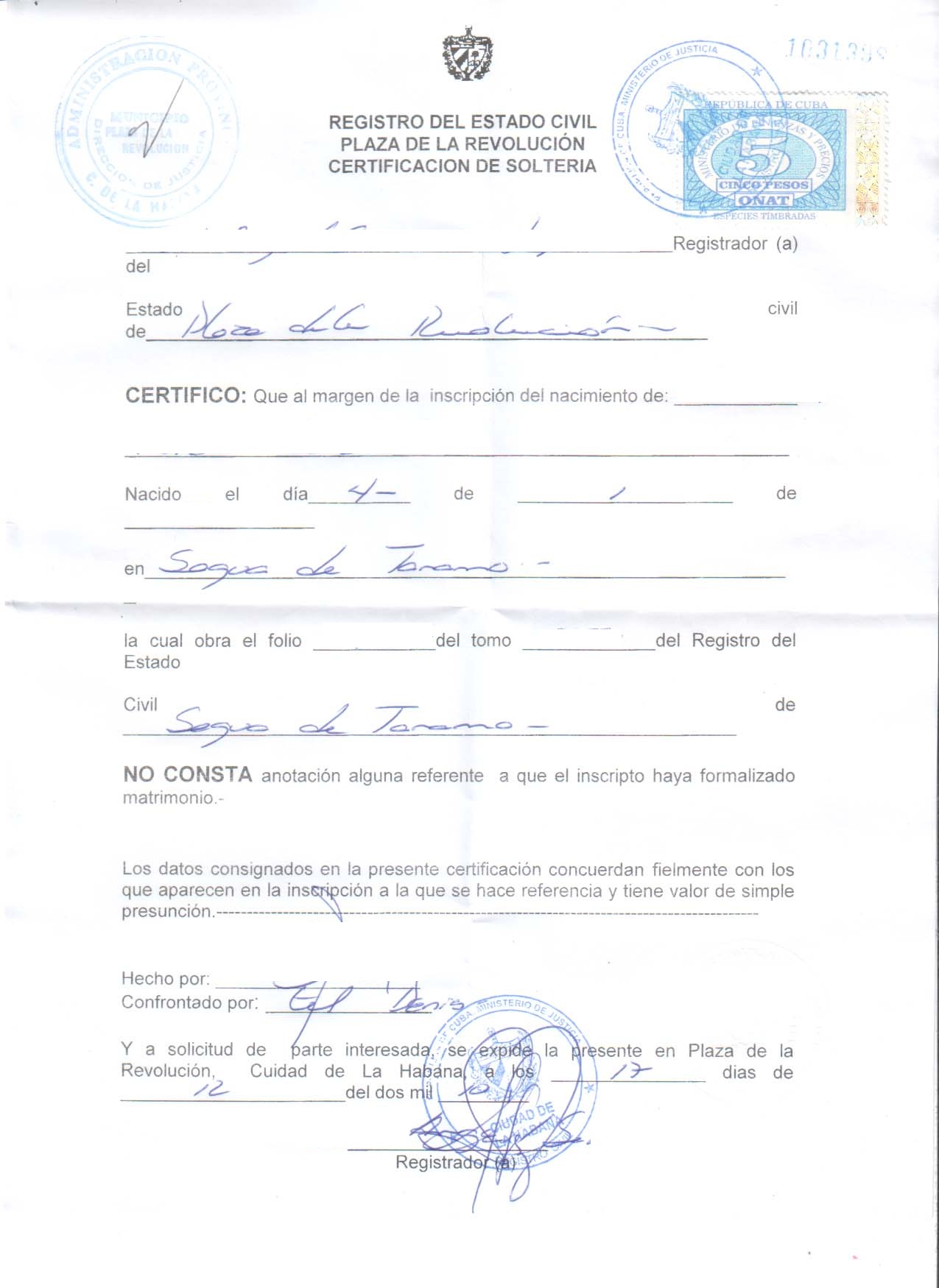 Certificacion de Solteria Certificacion de Solteria
