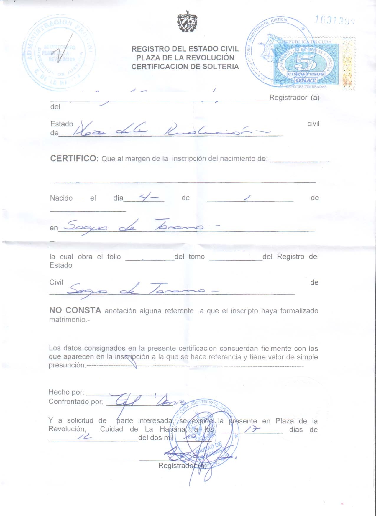 Certificacion de Solteria