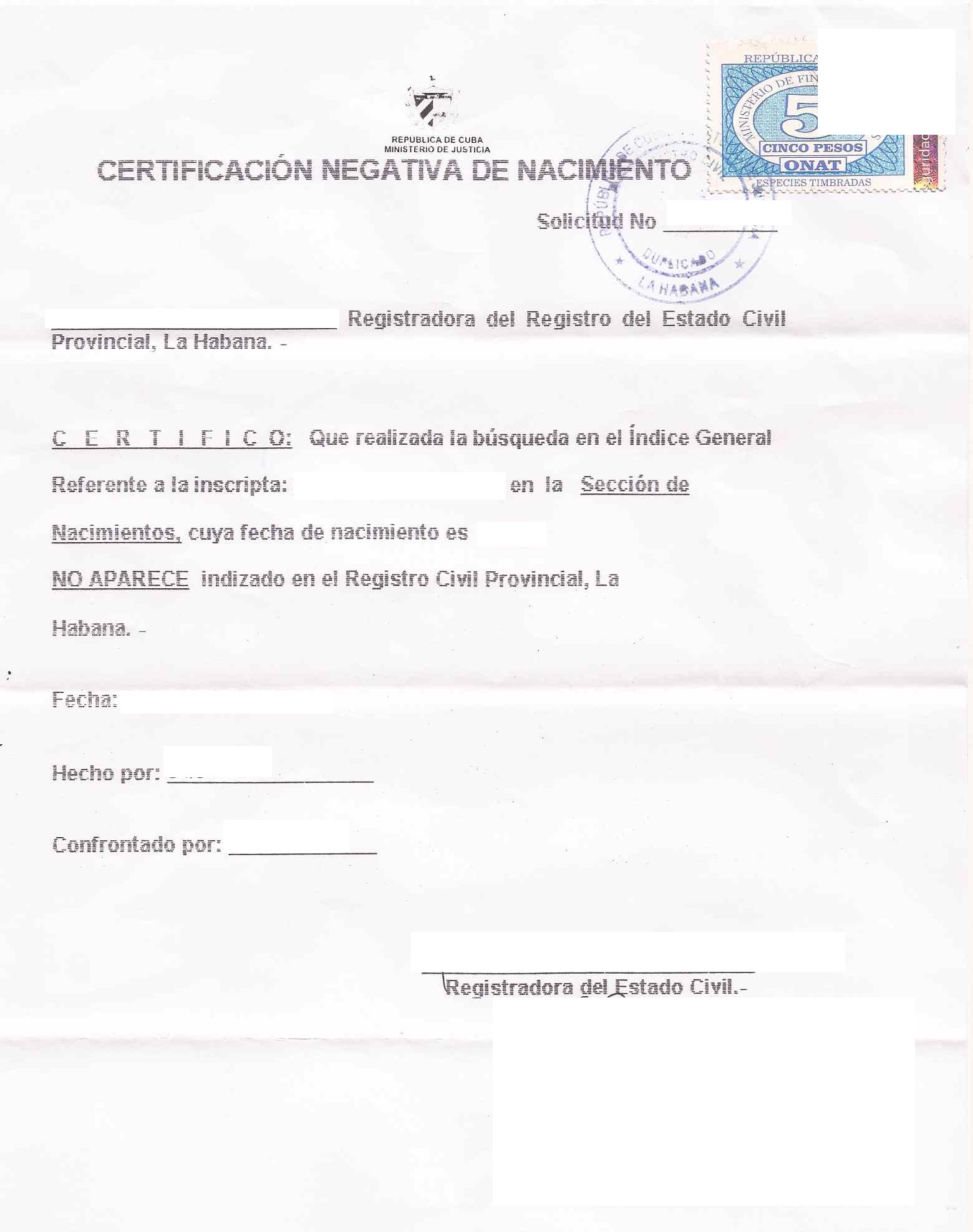 negative Cuban birth certificate