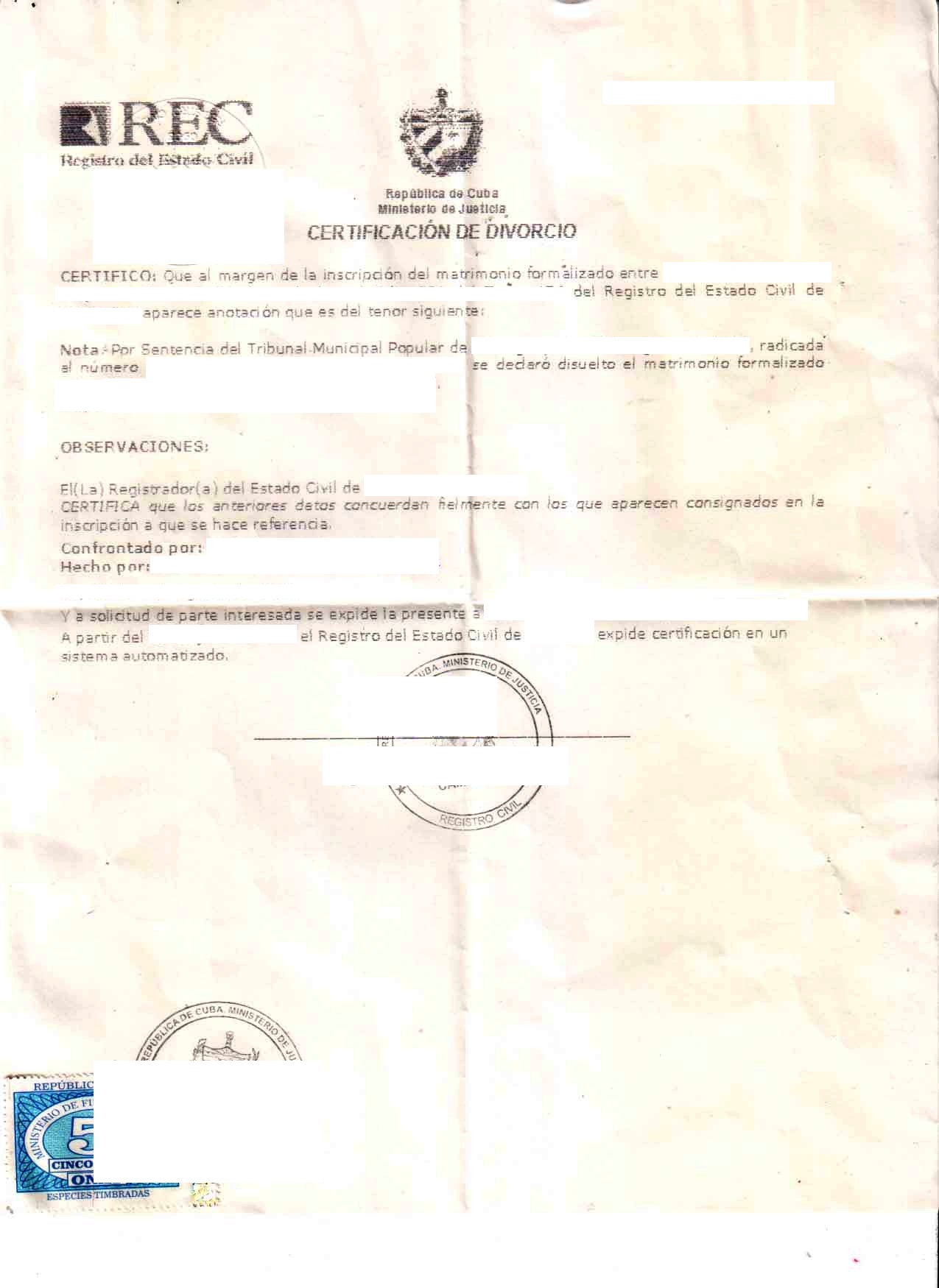 Cuban divorce certificate