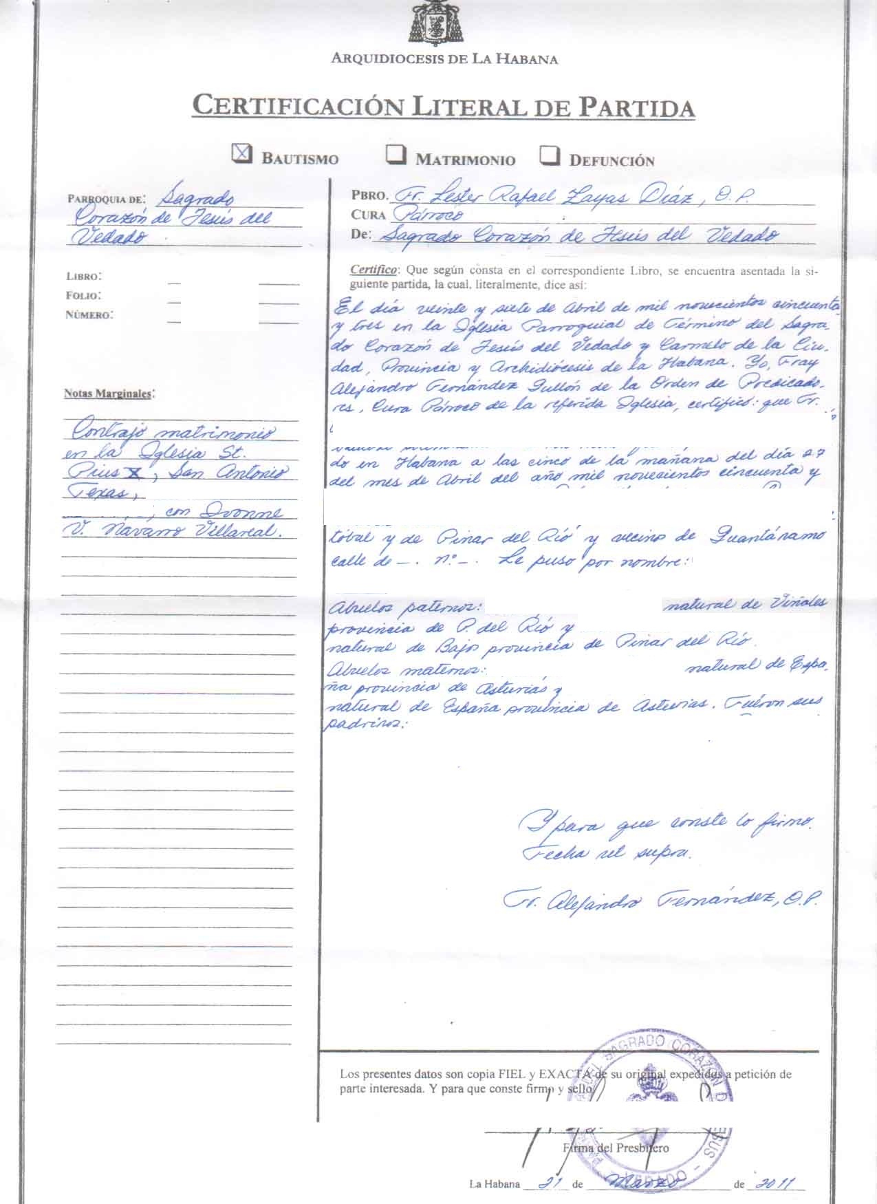 Cuban baptismal certificate Cuban baptismal certificate