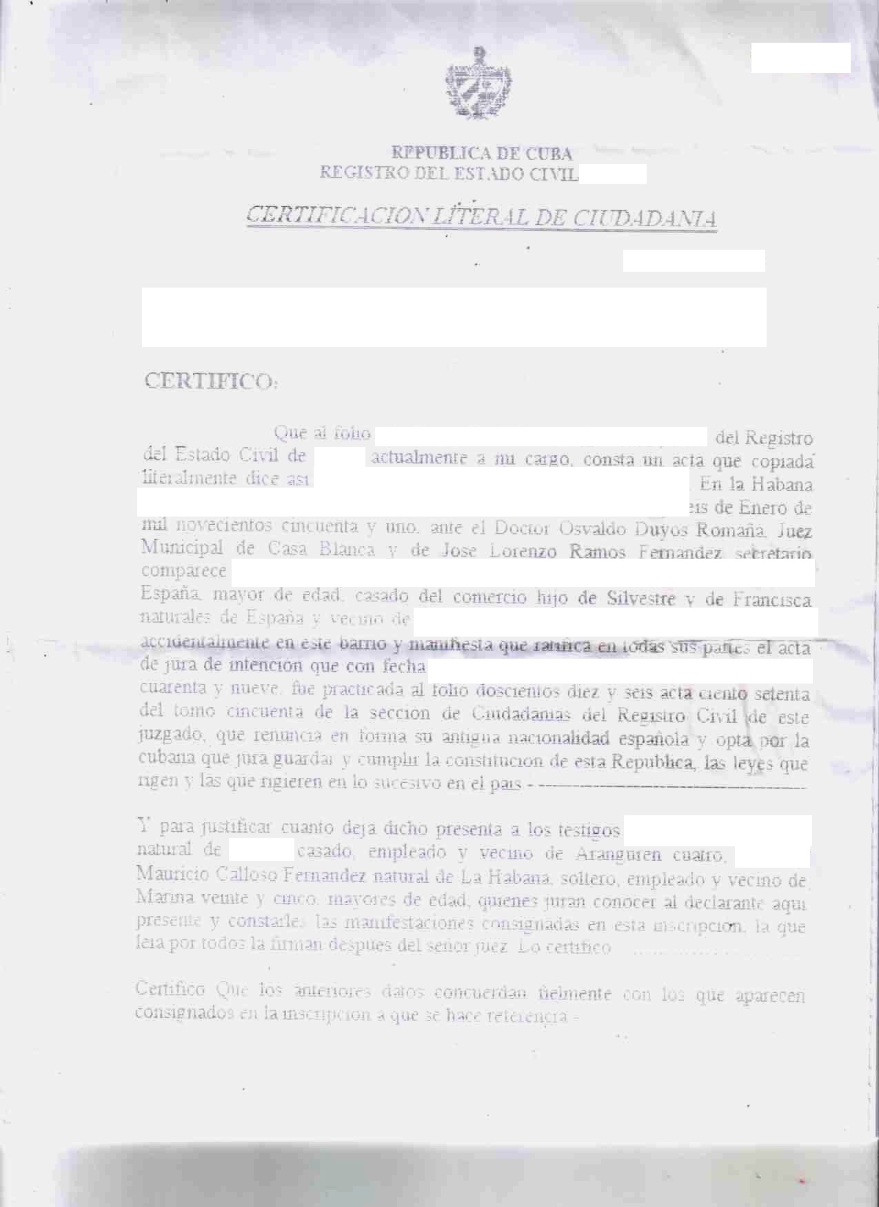 Cuban citizenship certificate