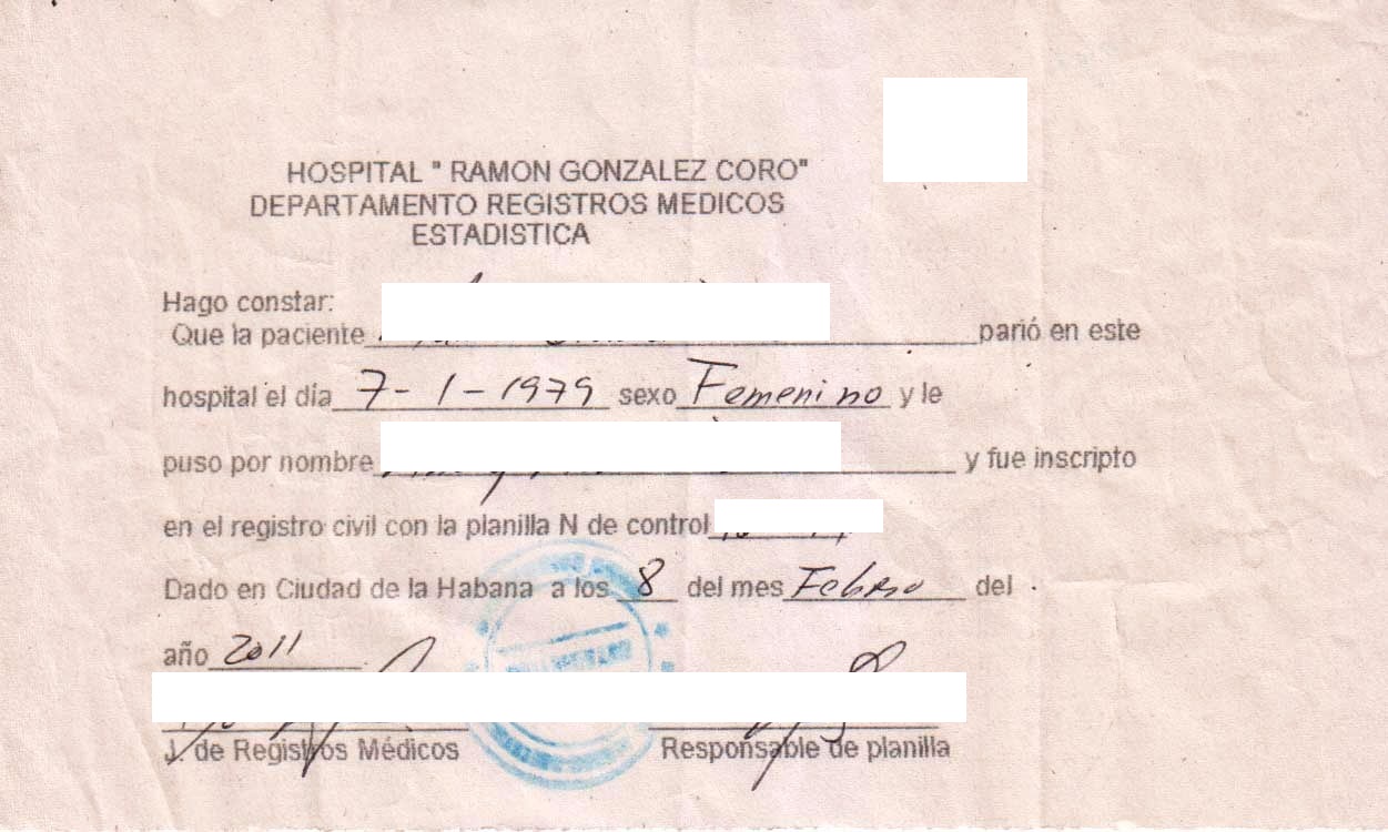 Cuban hospital birth record