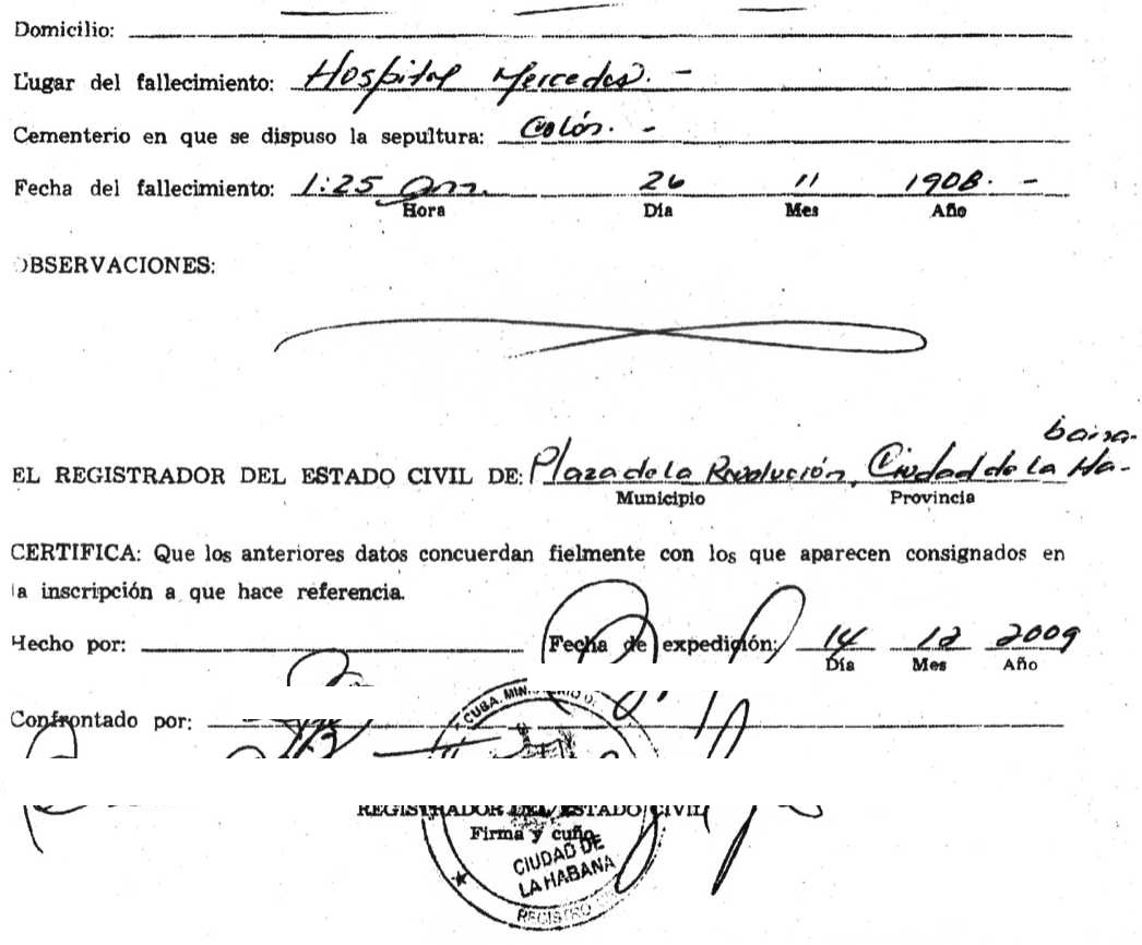 back of Cuban death certificate