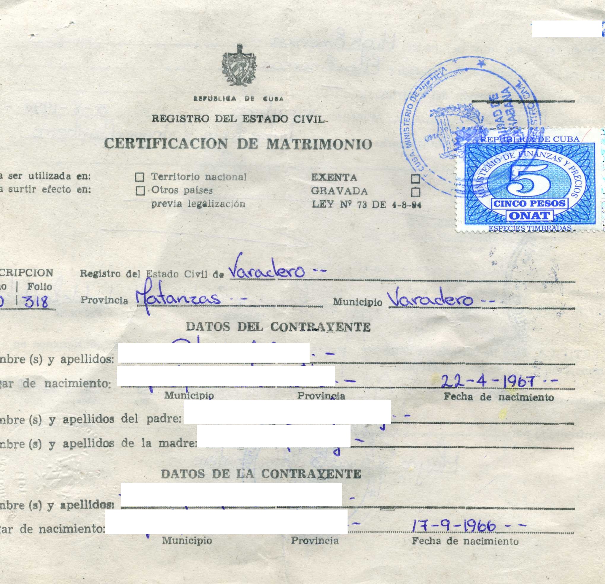 Cuban marriage certificate front