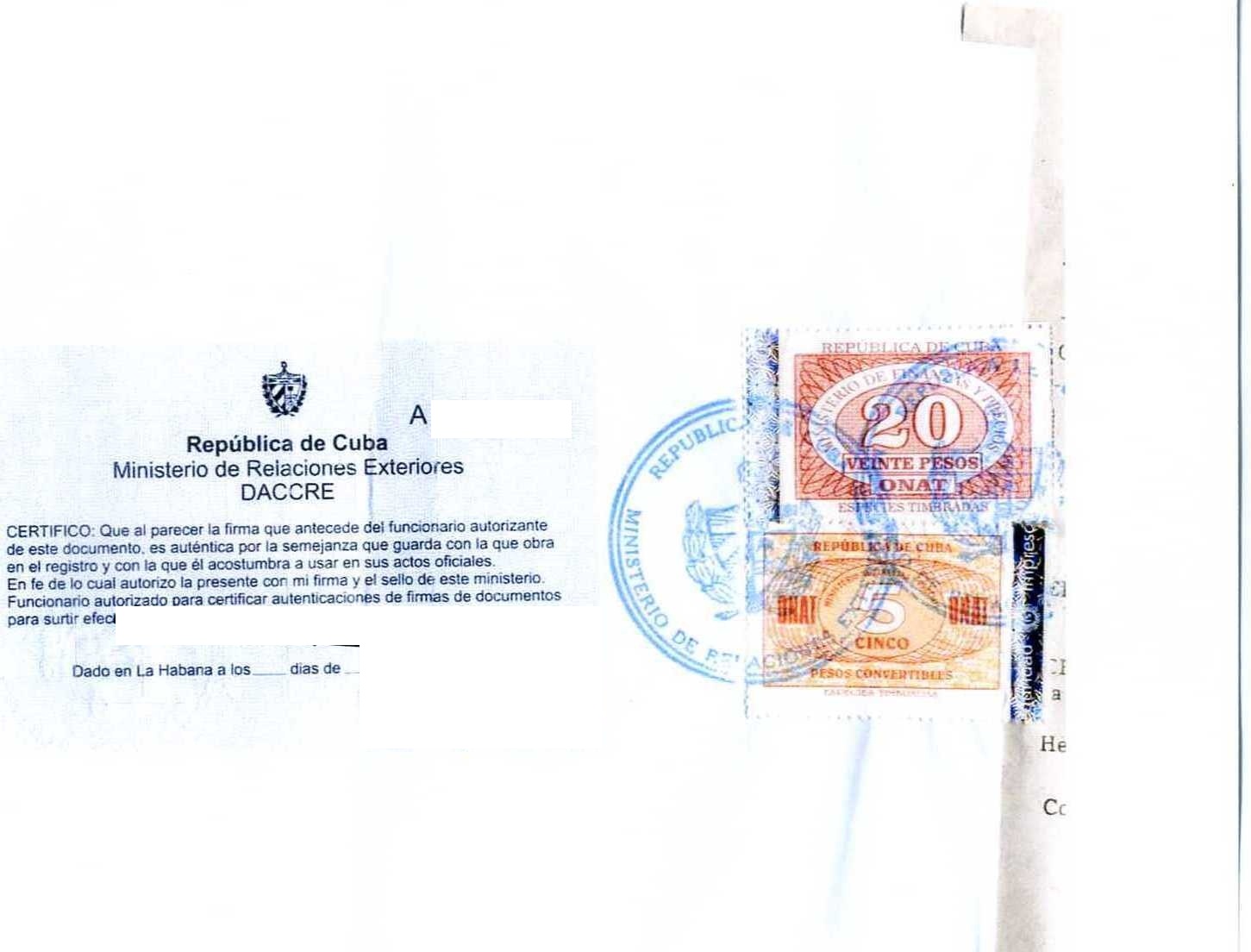 Legalized Cuban death certificate